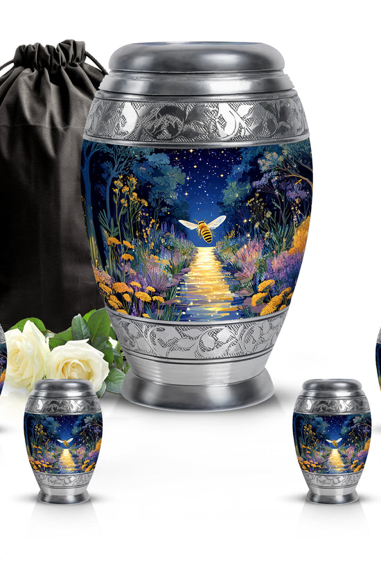 Vivid Blue Bee Cremation Urn detail view - majestic bee pattern with filigree border - memorial set with one large and four small urns