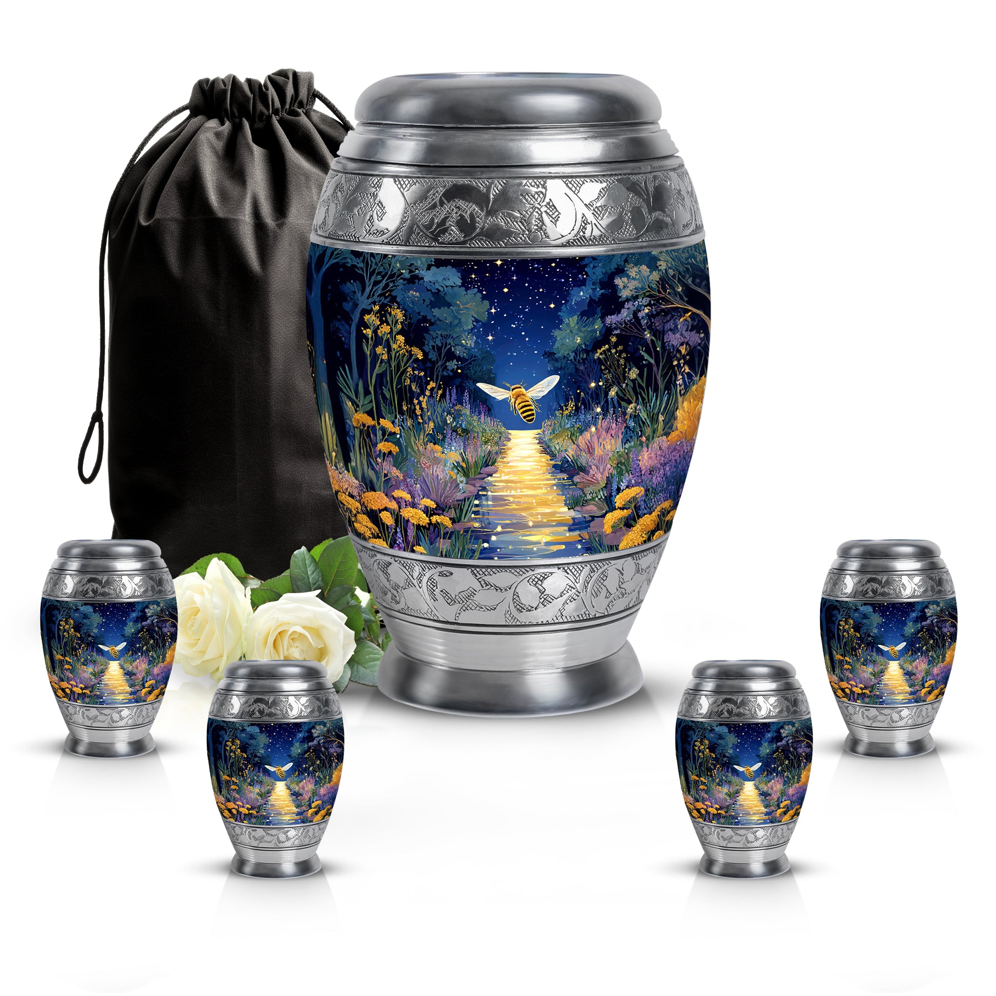 Vivid Blue Bee Cremation Urn detail view - majestic bee pattern with filigree border - memorial set with one large and four small urns