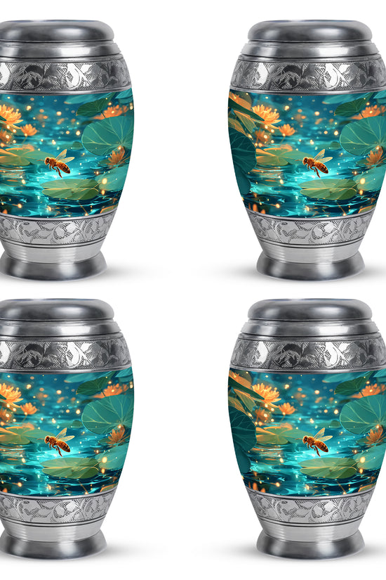 Deep Teal Bee Cremation Urn urn with complimentary velvet bag - majestic bee pattern with filigree border - 10 inch aluminum urn for cremated remains