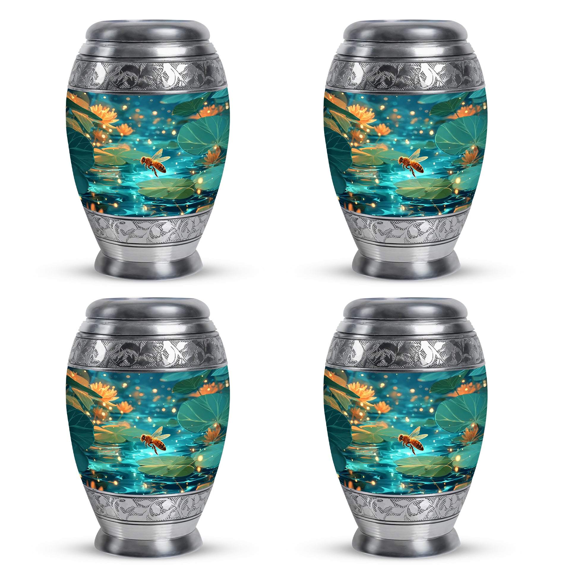 Deep Teal Bee Cremation Urn urn with complimentary velvet bag - majestic bee pattern with filigree border - 10 inch aluminum urn for cremated remains