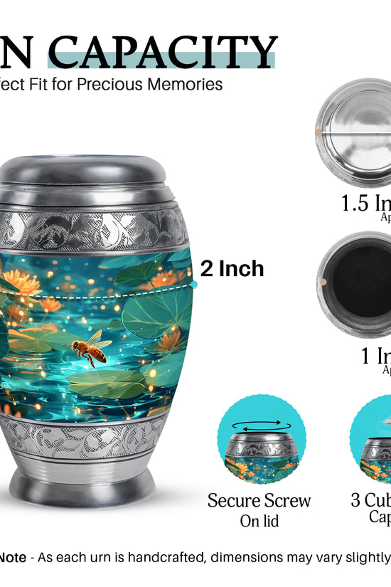 Soft Teal Bee Cremation Urn lifestyle display on memorial shelf - ornate monarch-style bee relief on brushed aluminum - mini keepsake memorial for portion of cremation ashes
