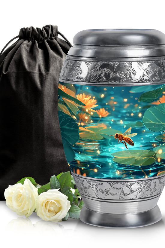 Vivid Teal Bee Cremation Urn back view with polished surface - majestic bee pattern with filigree border - full-size 10 inch 200 cubic inch adult cremation urn