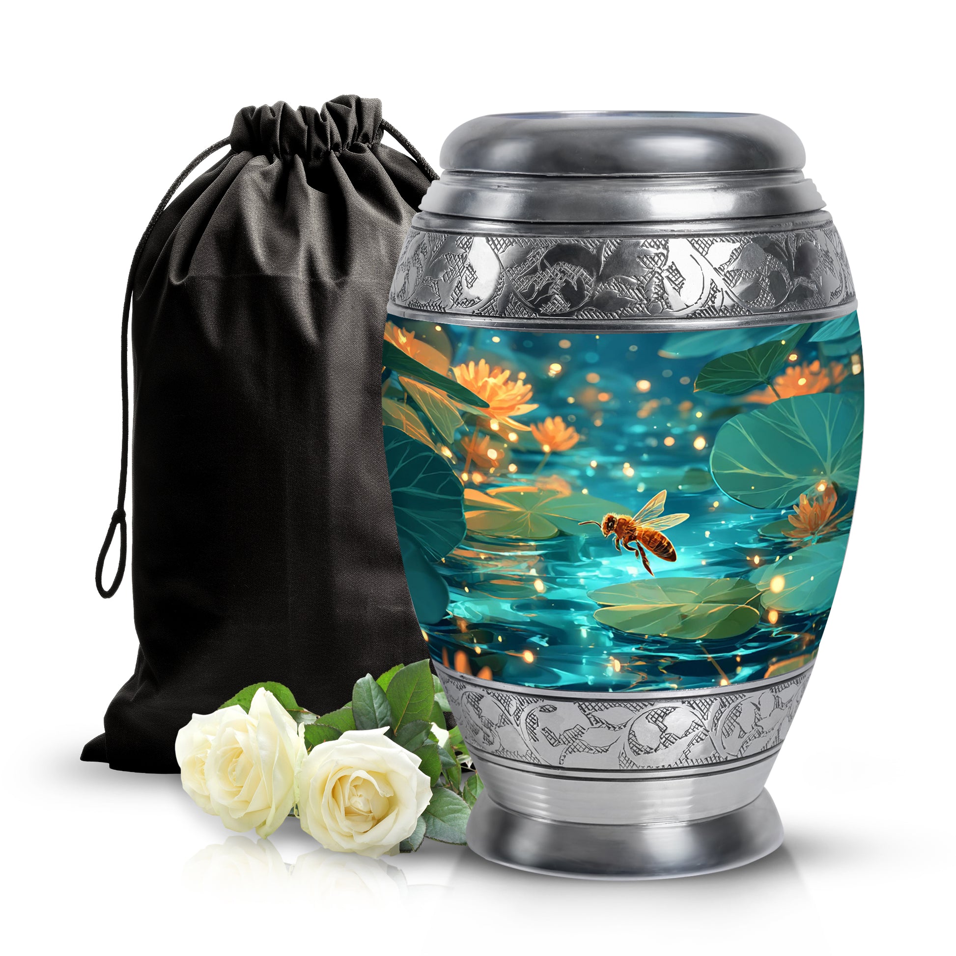 Vivid Teal Bee Cremation Urn back view with polished surface - majestic bee pattern with filigree border - full-size 10 inch 200 cubic inch adult cremation urn