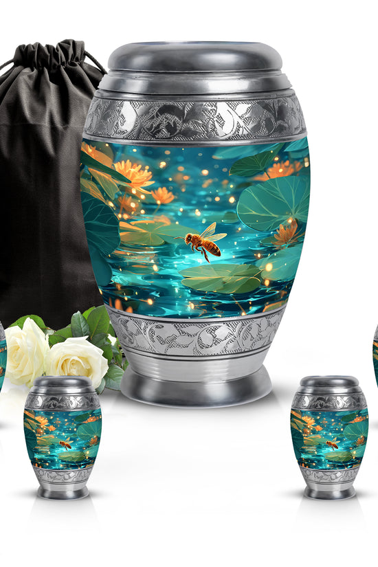 Aqua Teal Bee Cremation Urn detail view - royal bee engraving with decorative scrollwork - memorial set with one large and four small urns