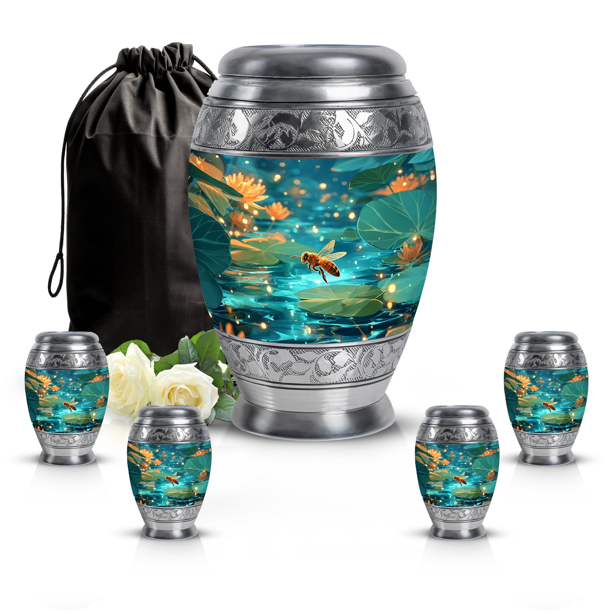 Aqua Teal Bee Cremation Urn detail view - royal bee engraving with decorative scrollwork - memorial set with one large and four small urns