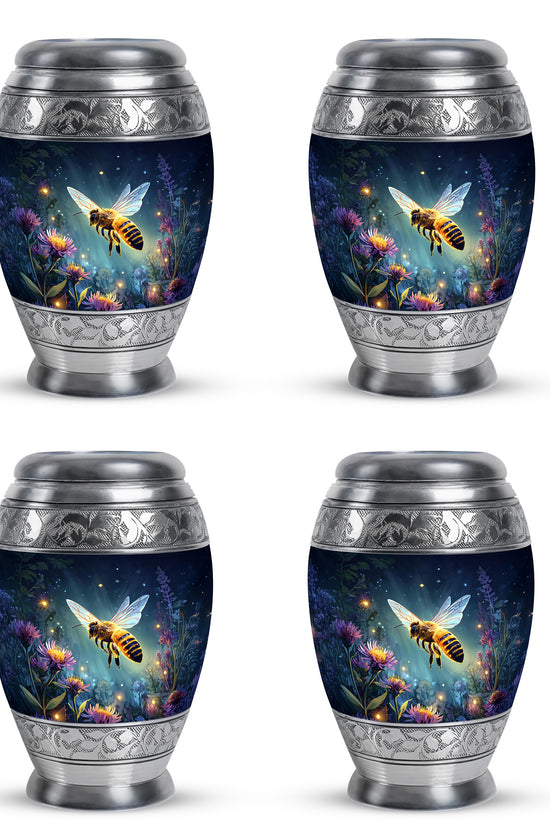 Cobalt Blue Bee Cremation Urn urn with complimentary velvet bag - royal bee engraving with decorative scrollwork - 10 inch aluminum urn for cremated remains