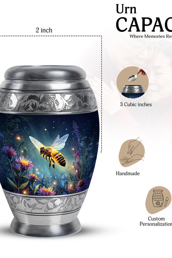 Serene Blue Bee Cremation Urn lifestyle display on memorial shelf - royal bee engraving with decorative scrollwork - mini keepsake memorial for portion of cremation ashes