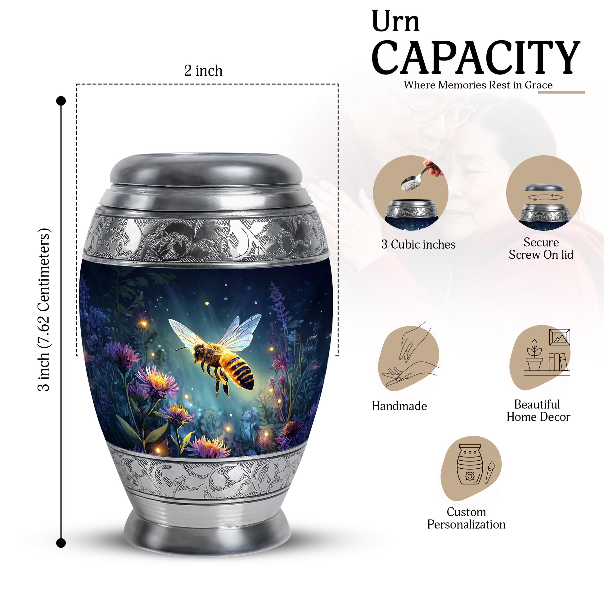 Serene Blue Bee Cremation Urn lifestyle display on memorial shelf - royal bee engraving with decorative scrollwork - mini keepsake memorial for portion of cremation ashes