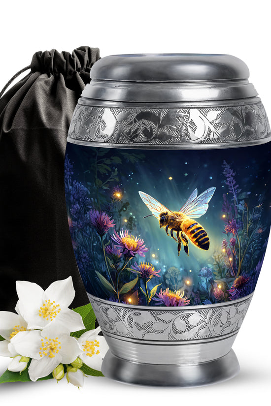 Misty Blue Bee Cremation Urn back view with polished surface - regal bee design with crown-inspired accents - full-size 10 inch 200 cubic inch adult cremation urn