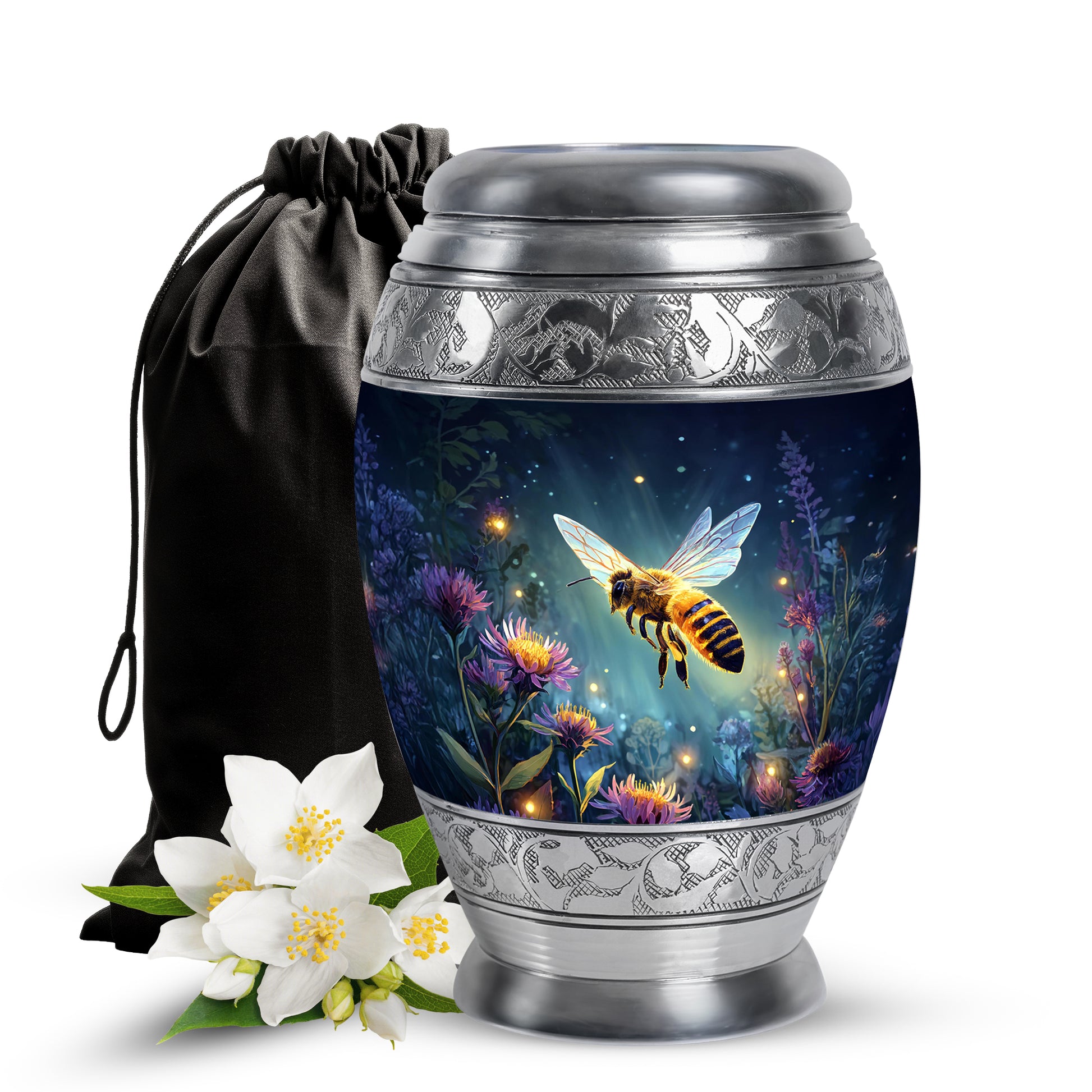 Misty Blue Bee Cremation Urn back view with polished surface - regal bee design with crown-inspired accents - full-size 10 inch 200 cubic inch adult cremation urn