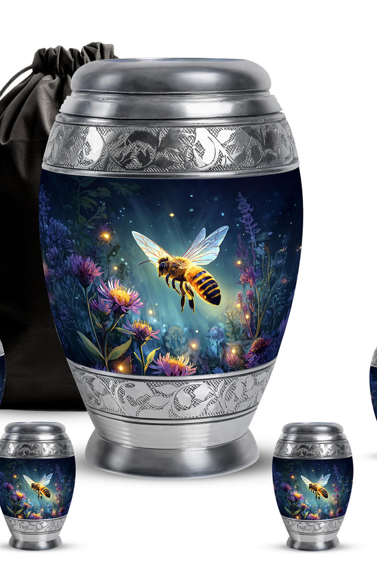 Vivid Blue Bee Cremation Urn detail view - majestic bee pattern with filigree border - memorial set with one large and four small urns