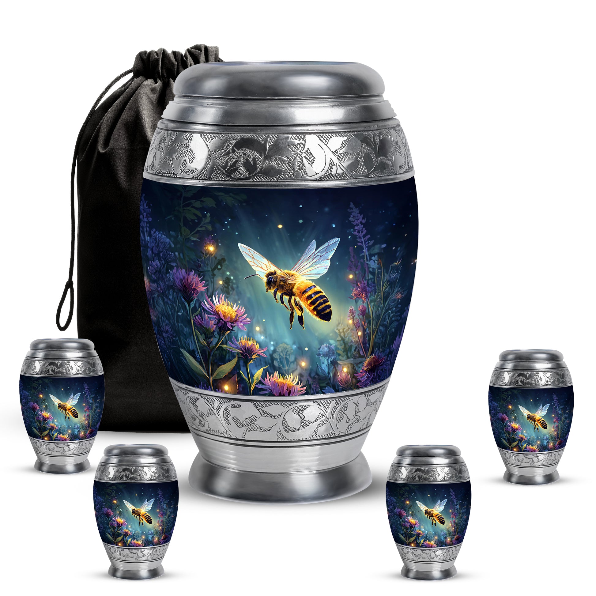 Vivid Blue Bee Cremation Urn detail view - majestic bee pattern with filigree border - memorial set with one large and four small urns