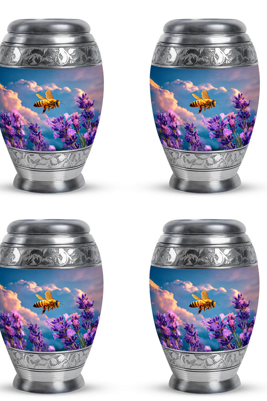 Navy Blue Bee Cremation Urn urn with complimentary velvet bag - ornate monarch-style bee relief on brushed aluminum - 10 inch aluminum urn for cremated remains