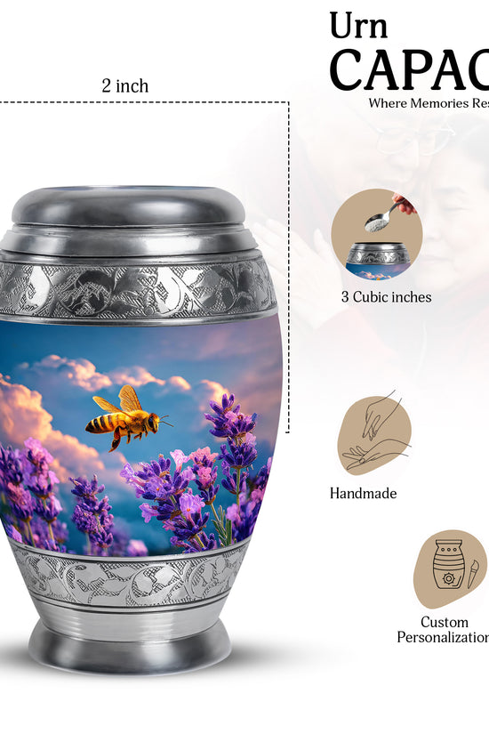 Navy Blue Bee Cremation Urn lifestyle display on memorial shelf - regal bee design with crown-inspired accents - mini keepsake memorial for portion of cremation ashes