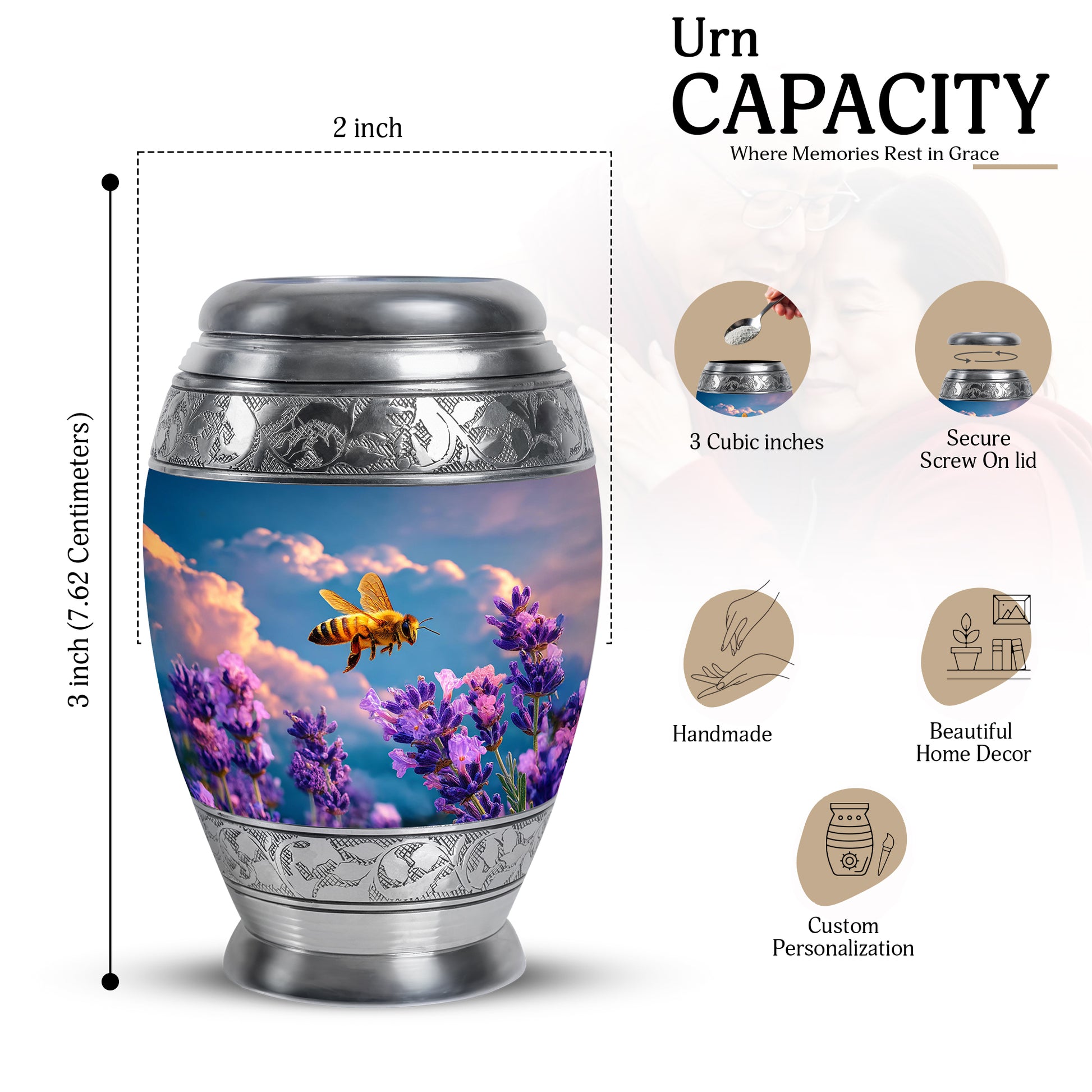 Navy Blue Bee Cremation Urn lifestyle display on memorial shelf - regal bee design with crown-inspired accents - mini keepsake memorial for portion of cremation ashes