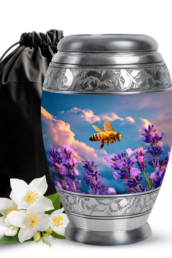 Sapphire Blue Bee Cremation Urn back view with polished surface - royal bee engraving with decorative scrollwork - full-size 10 inch 200 cubic inch adult cremation urn