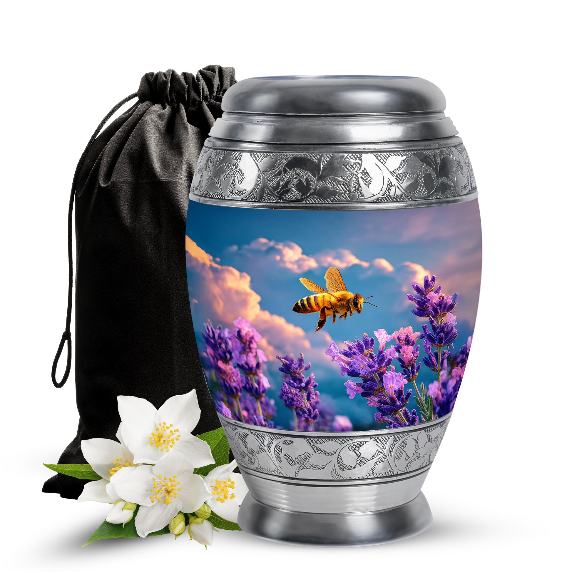 Sapphire Blue Bee Cremation Urn back view with polished surface - royal bee engraving with decorative scrollwork - full-size 10 inch 200 cubic inch adult cremation urn