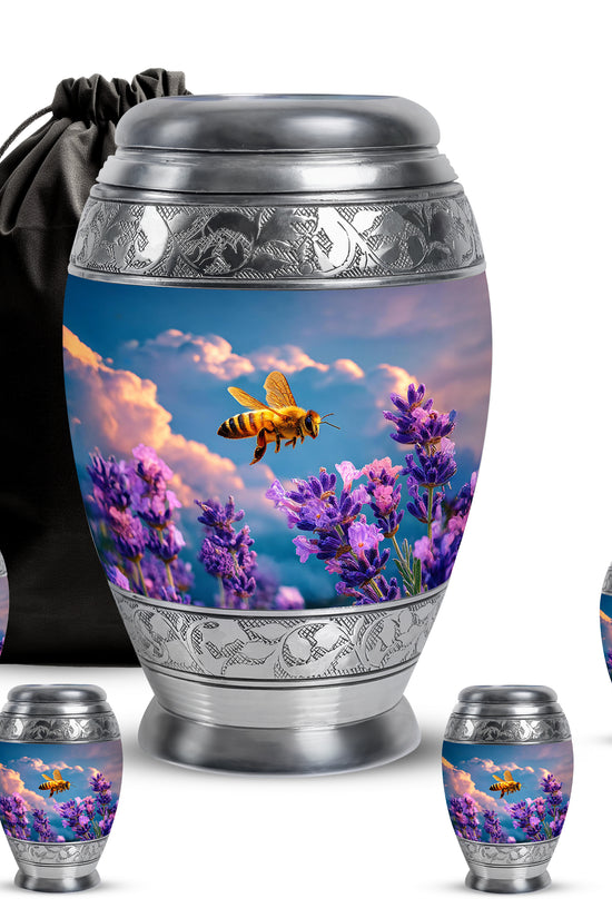 Vivid Blue Bee Cremation Urn detail view - royal bee engraving with decorative scrollwork - memorial set with one large and four small urns