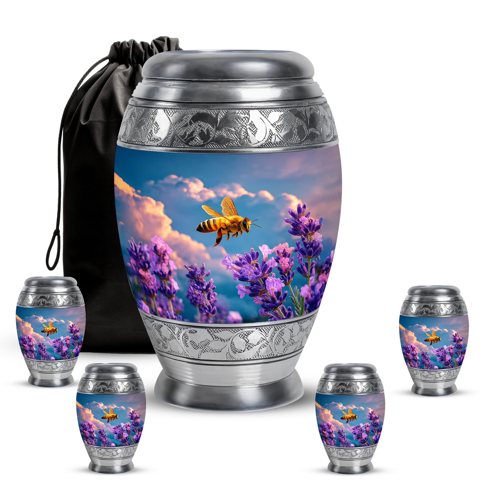 Vivid Blue Bee Cremation Urn detail view - royal bee engraving with decorative scrollwork - memorial set with one large and four small urns