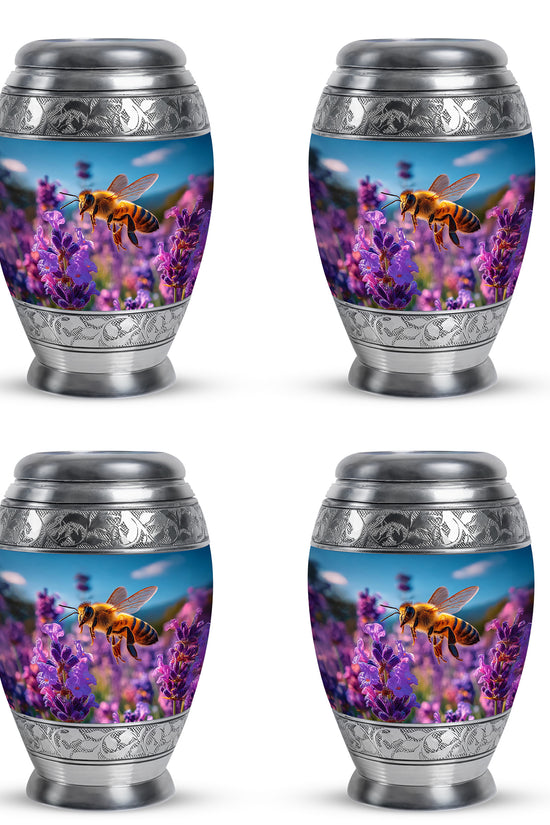 Vivid Blue Bee Cremation Urn urn with complimentary velvet bag - majestic bee pattern with filigree border - 10 inch aluminum urn for cremated remains