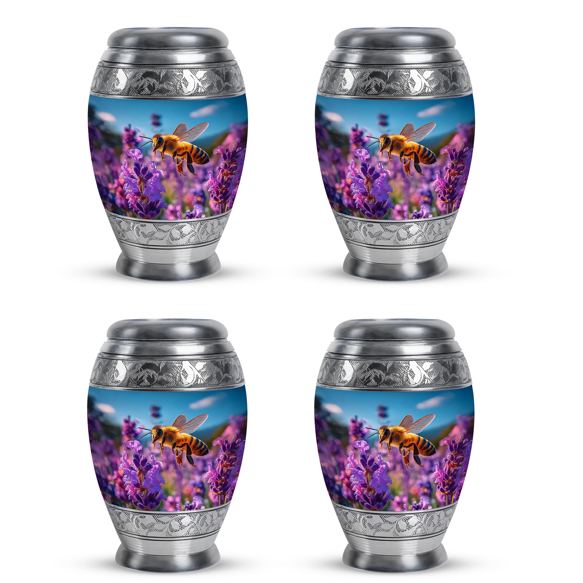 Vivid Blue Bee Cremation Urn urn with complimentary velvet bag - majestic bee pattern with filigree border - 10 inch aluminum urn for cremated remains