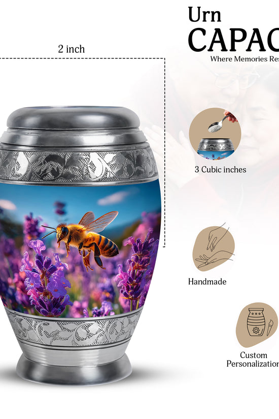 Powder Blue Bee Cremation Urn lifestyle display on memorial shelf - ornate monarch-style bee relief on brushed aluminum - mini keepsake memorial for portion of cremation ashes