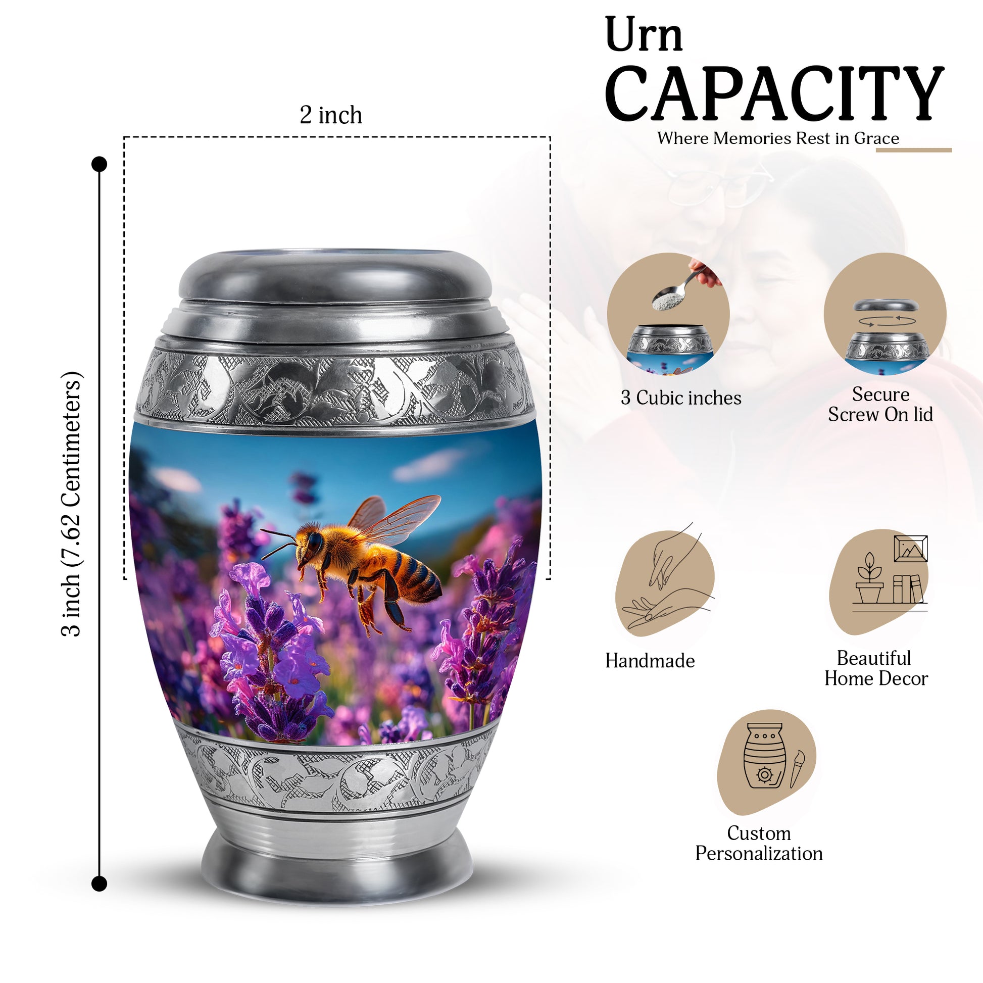 Powder Blue Bee Cremation Urn lifestyle display on memorial shelf - ornate monarch-style bee relief on brushed aluminum - mini keepsake memorial for portion of cremation ashes