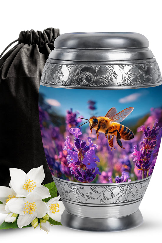 Pastel Blue Bee Cremation Urn back view with polished surface - regal bee design with crown-inspired accents - full-size 10 inch 200 cubic inch adult cremation urn