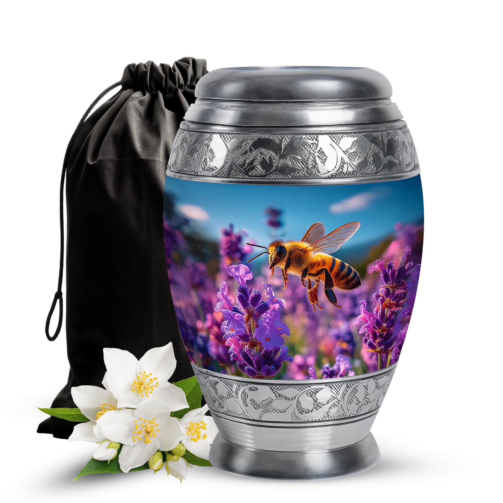 Pastel Blue Bee Cremation Urn back view with polished surface - regal bee design with crown-inspired accents - full-size 10 inch 200 cubic inch adult cremation urn