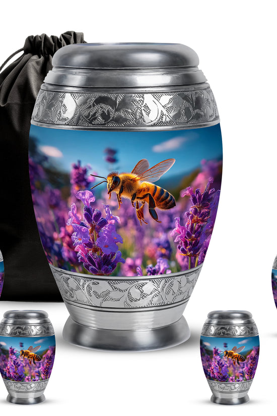 Steel Blue Bee Cremation Urn detail view - majestic bee pattern with filigree border - memorial set with one large and four small urns