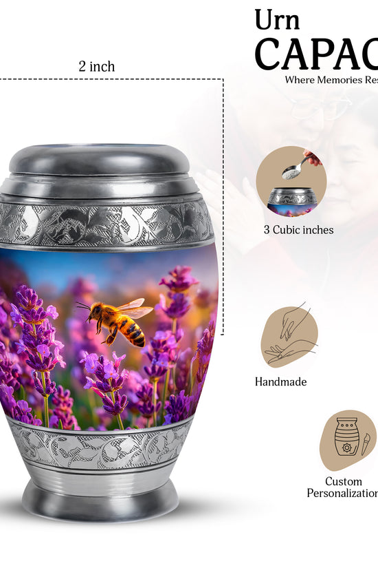 Navy Blue Bee Cremation Urn lifestyle display on memorial shelf - ornate monarch-style bee relief on brushed aluminum - mini keepsake memorial for portion of cremation ashes