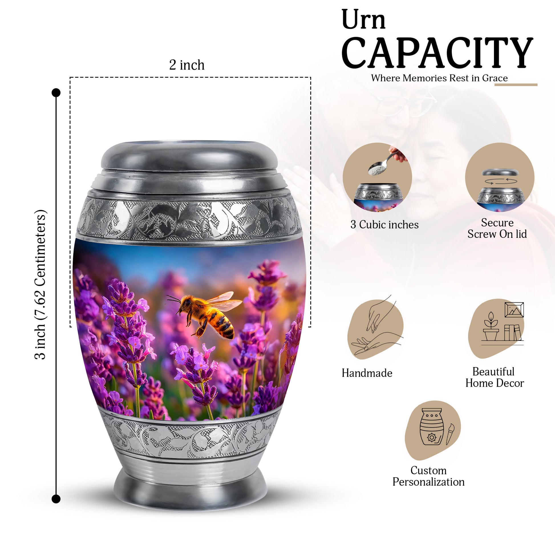Navy Blue Bee Cremation Urn lifestyle display on memorial shelf - ornate monarch-style bee relief on brushed aluminum - mini keepsake memorial for portion of cremation ashes