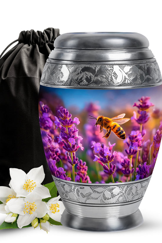 Calming Blue Bee Cremation Urn back view with polished surface - royal bee engraving with decorative scrollwork - full-size 10 inch 200 cubic inch adult cremation urn