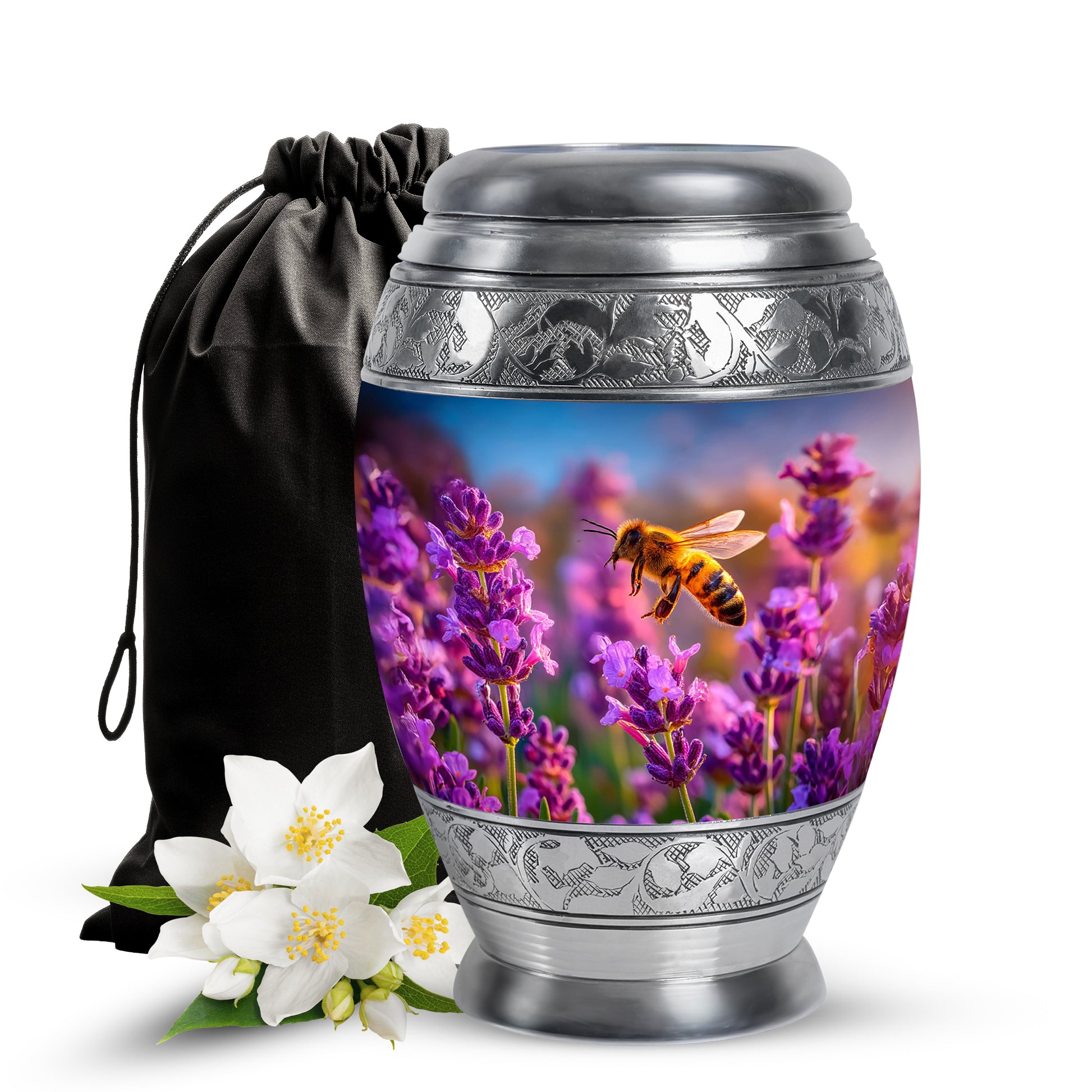Calming Blue Bee Cremation Urn back view with polished surface - royal bee engraving with decorative scrollwork - full-size 10 inch 200 cubic inch adult cremation urn
