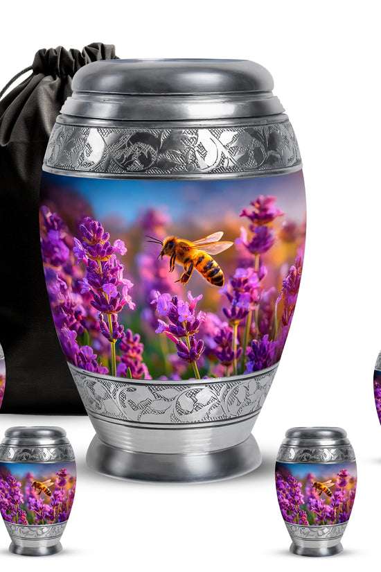 Cornflower Blue Bee Cremation Urn detail view - majestic bee pattern with filigree border - memorial set with one large and four small urns