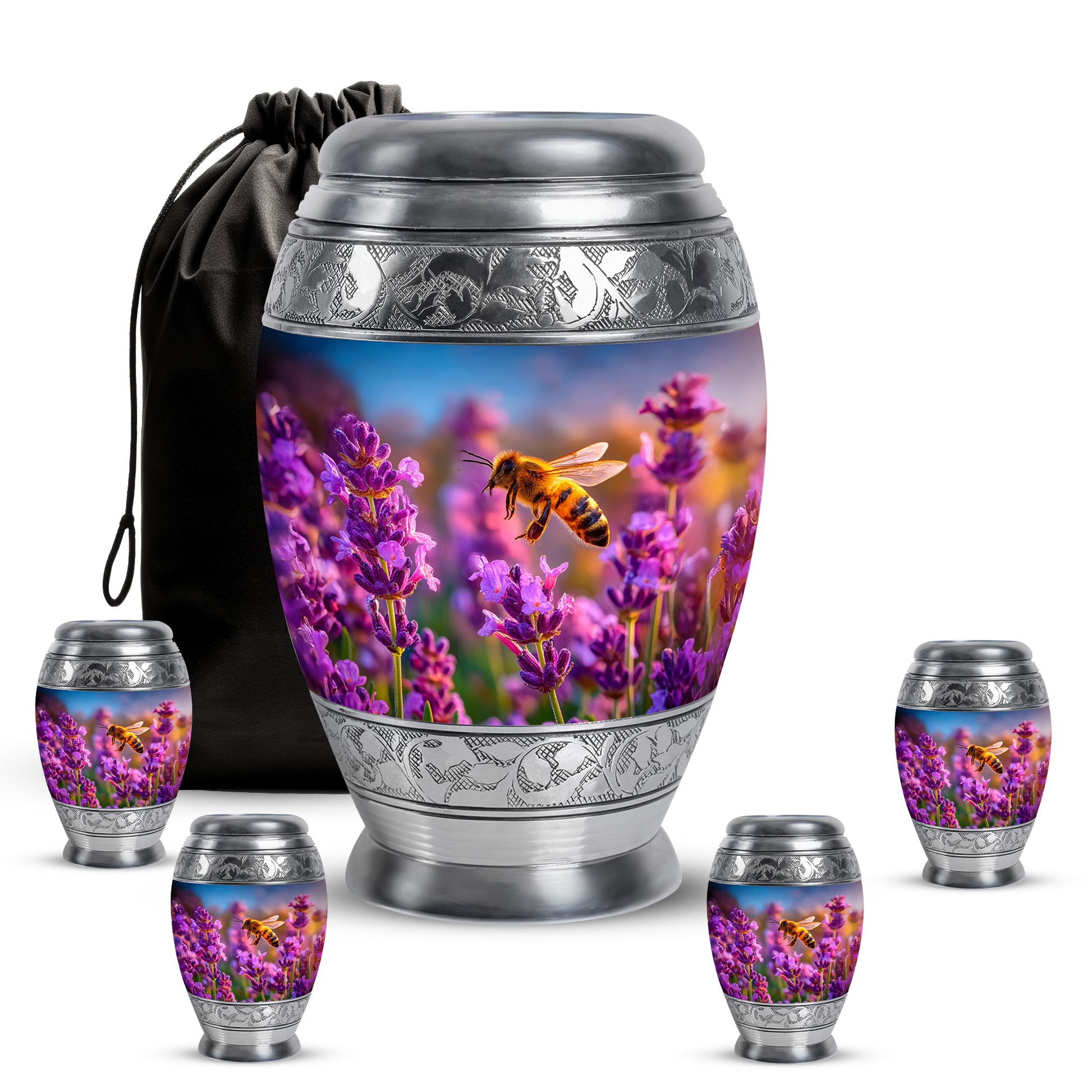 Cornflower Blue Bee Cremation Urn detail view - majestic bee pattern with filigree border - memorial set with one large and four small urns