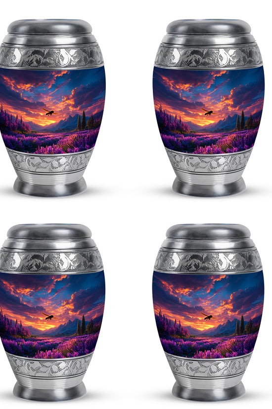 Steel Blue Bee Cremation Urn urn with complimentary velvet bag - majestic bee pattern with filigree border - 10 inch aluminum urn for cremated remains