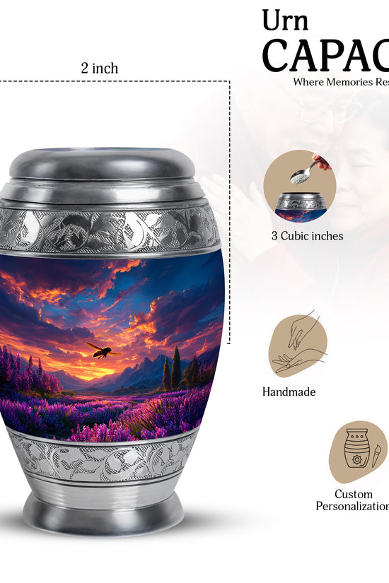 Dusty Blue Bee Cremation Urn lifestyle display on memorial shelf - regal bee design with crown-inspired accents - mini keepsake memorial for portion of cremation ashes