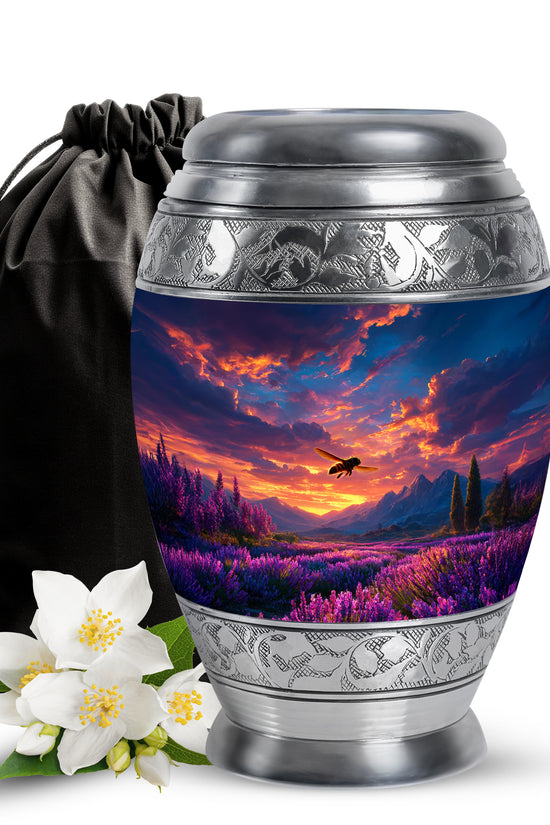 Twilight Blue Bee Cremation Urn back view with polished surface - majestic bee pattern with filigree border - full-size 10 inch 200 cubic inch adult cremation urn