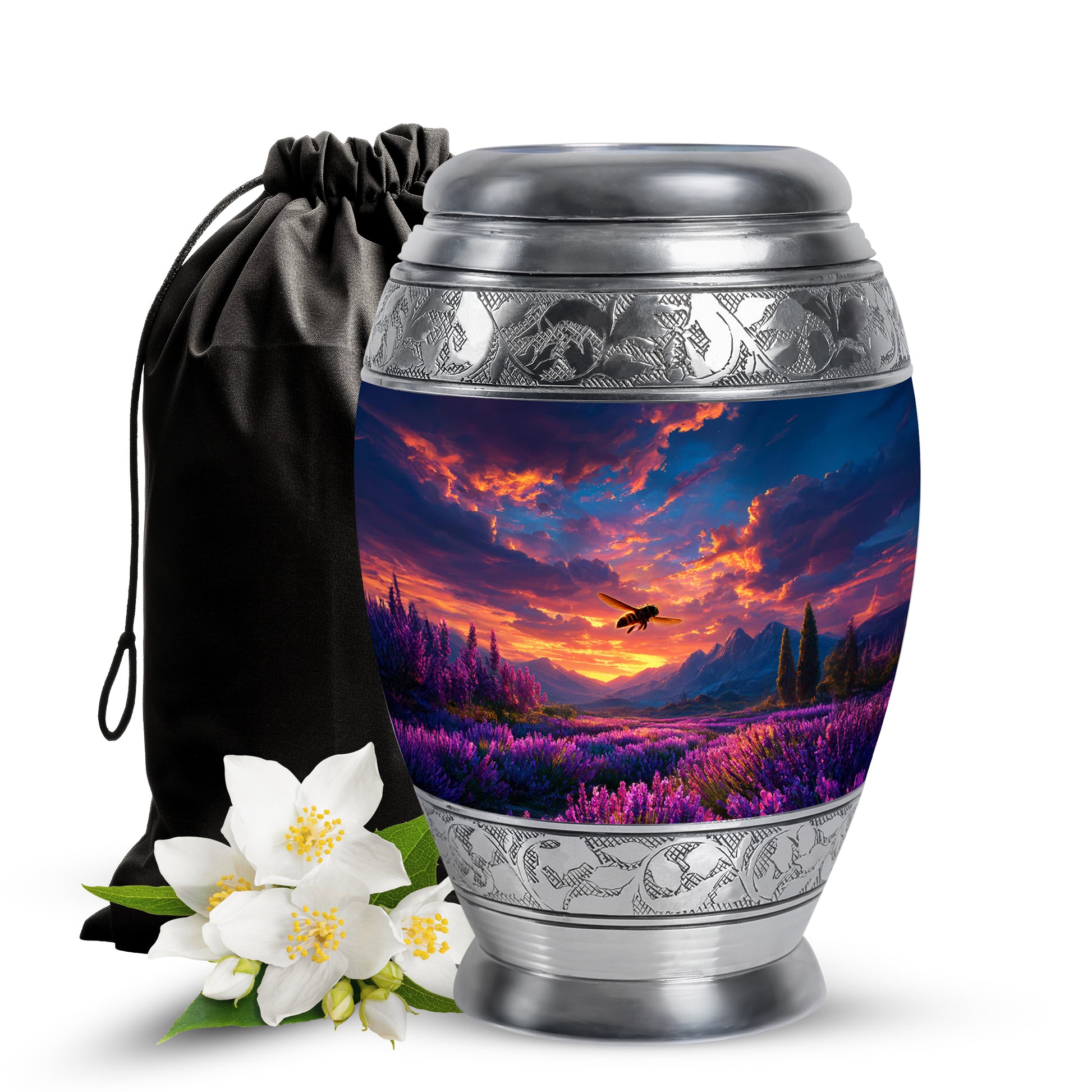 Twilight Blue Bee Cremation Urn back view with polished surface - majestic bee pattern with filigree border - full-size 10 inch 200 cubic inch adult cremation urn