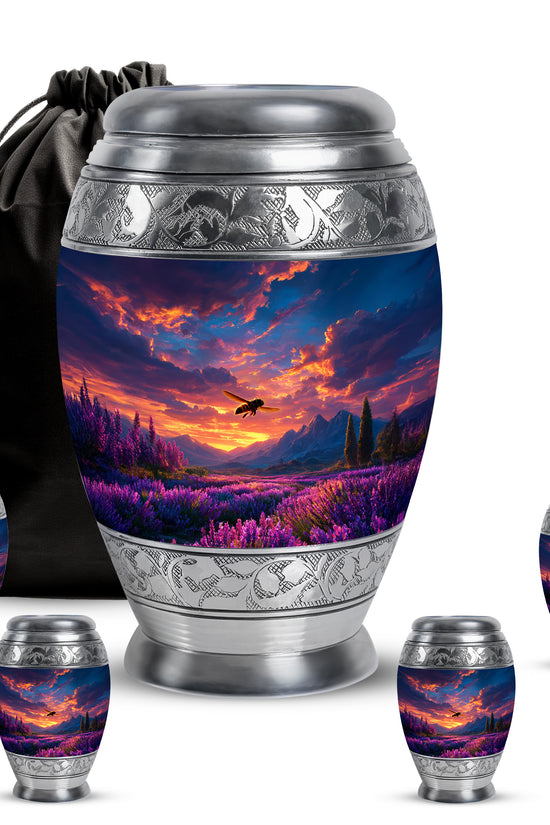 Dusty Blue Bee Cremation Urn detail view - regal bee design with crown-inspired accents - memorial set with one large and four small urns