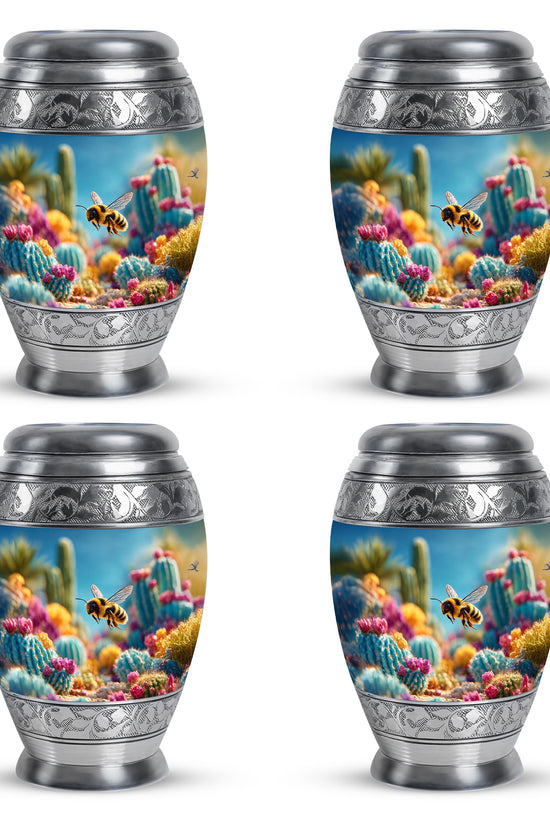 Steel Blue Bee Cremation Urn urn with complimentary velvet bag - majestic bee pattern with filigree border - 10 inch aluminum urn for cremated remains