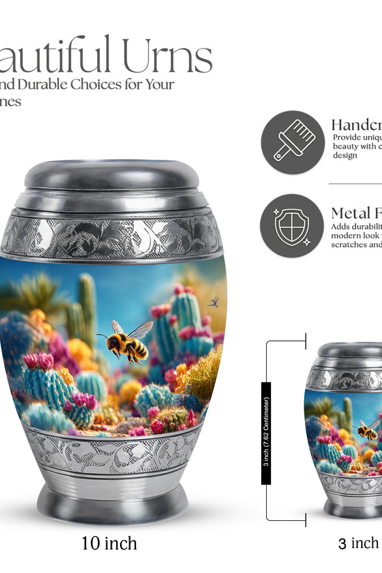 Cobalt Blue Bee Cremation Urn lifestyle display on memorial shelf - majestic bee pattern with filigree border - mini keepsake memorial for portion of cremation ashes