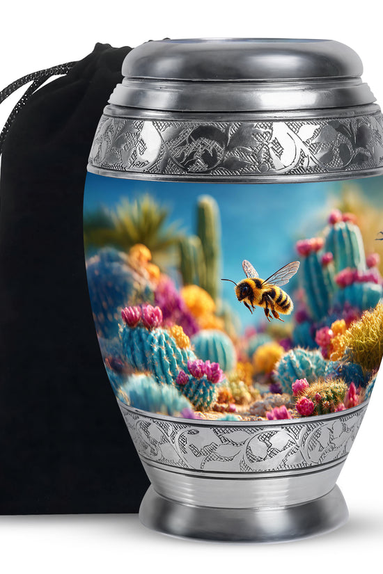 Celestial Blue Bee Cremation Urn back view with polished surface - regal bee design with crown-inspired accents - full-size 10 inch 200 cubic inch adult cremation urn