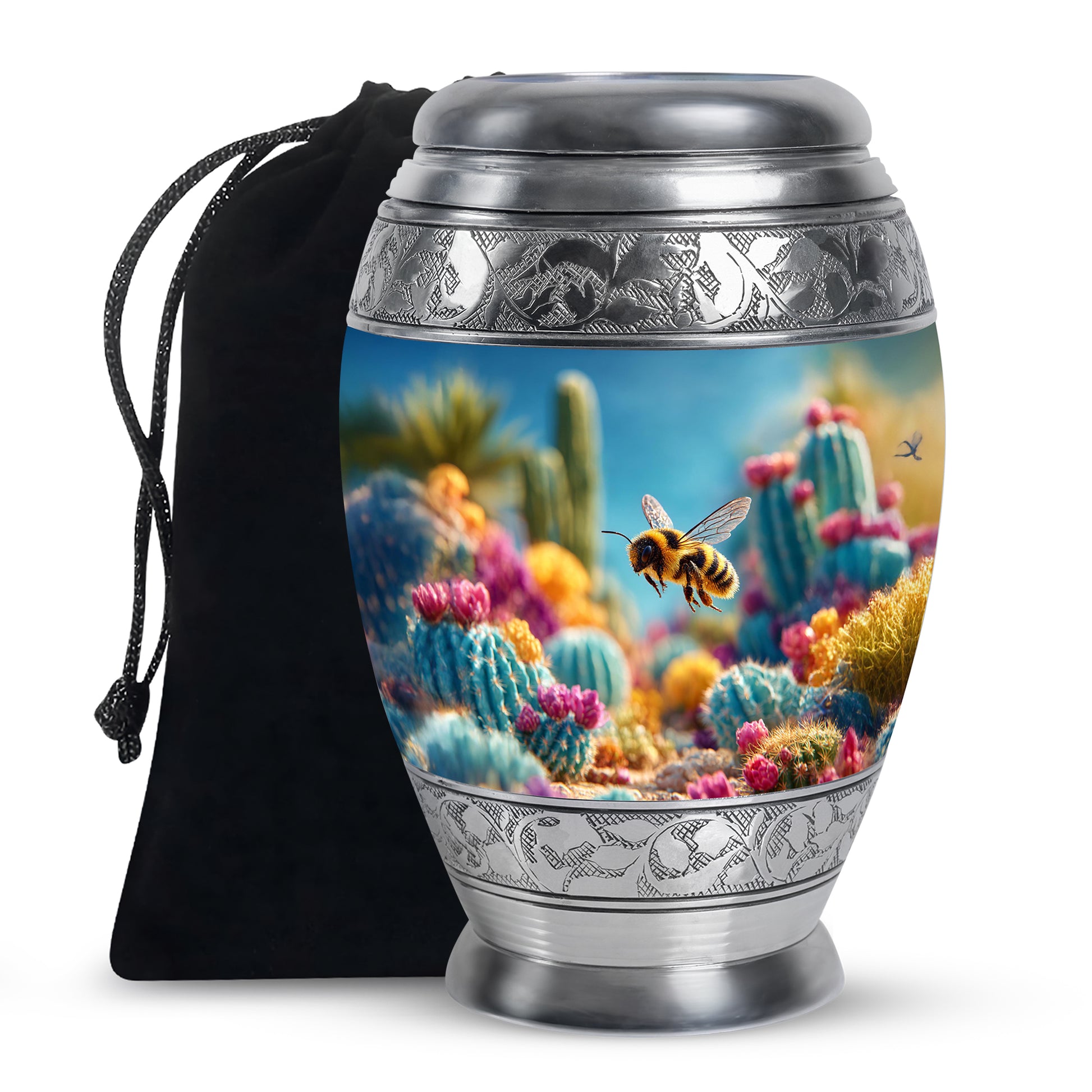 Celestial Blue Bee Cremation Urn back view with polished surface - regal bee design with crown-inspired accents - full-size 10 inch 200 cubic inch adult cremation urn