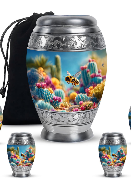Serene Blue Bee Cremation Urn detail view - royal bee engraving with decorative scrollwork - memorial set with one large and four small urns