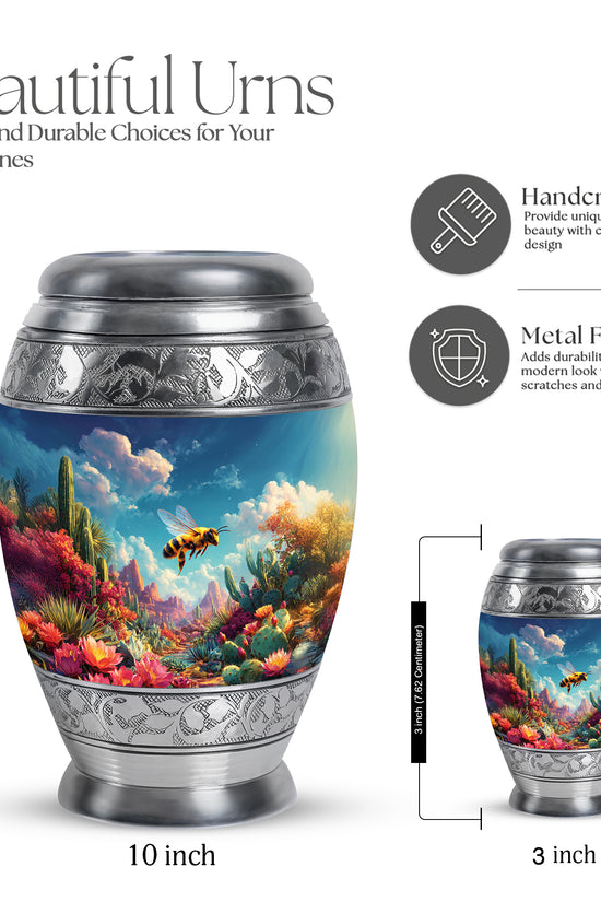 Azure Bee Cremation Urn lifestyle display on memorial shelf - ornate monarch-style bee relief on brushed aluminum - mini keepsake memorial for portion of cremation ashes