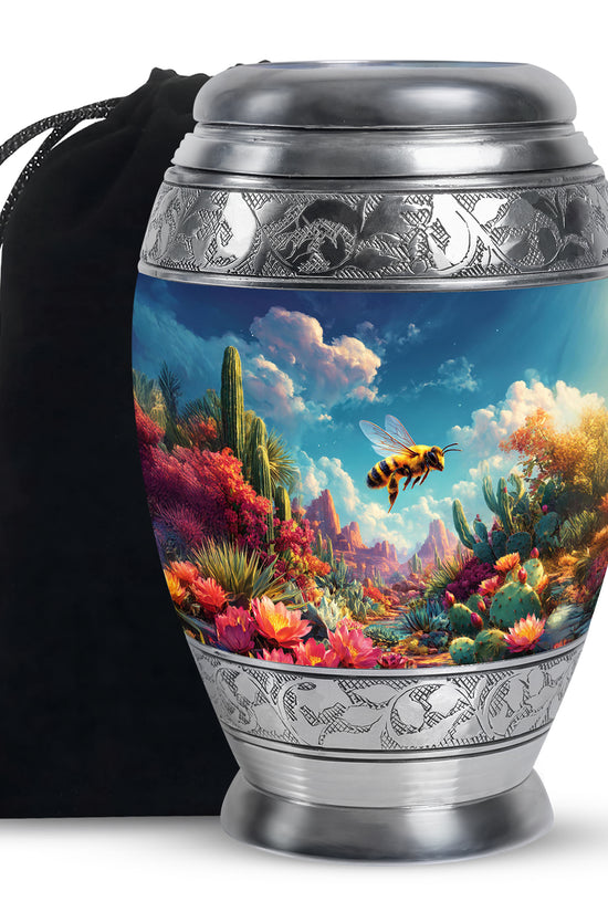 Cornflower Blue Bee Cremation Urn back view with polished surface - majestic bee pattern with filigree border - full-size 10 inch 200 cubic inch adult cremation urn