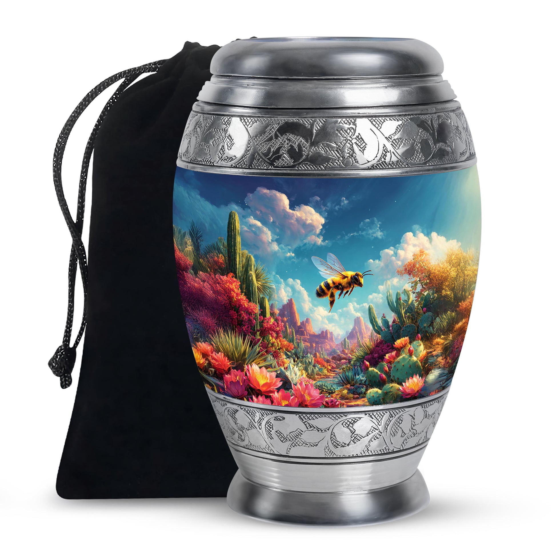 Cornflower Blue Bee Cremation Urn back view with polished surface - majestic bee pattern with filigree border - full-size 10 inch 200 cubic inch adult cremation urn