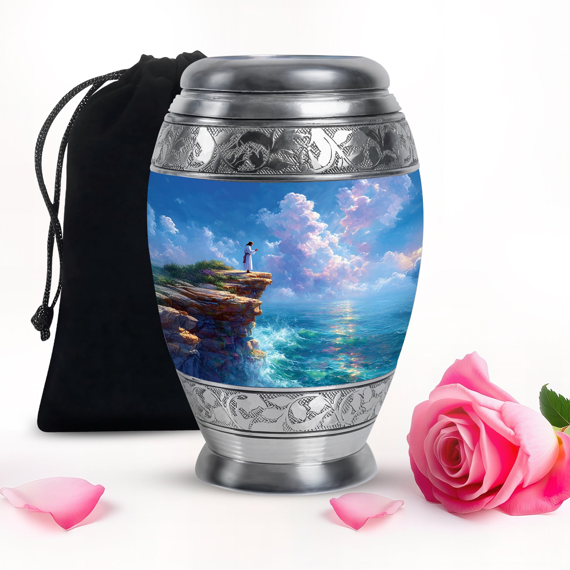 Catholic Memorial Urn - Beautiful Ocean Funeral Urn For Human Ashes